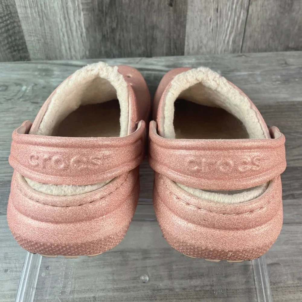 Crocs Classic Lined Clog Rose Gold Glitter Kids J1 Fuzzy Slip On Shoes